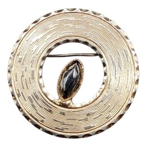 Mid-Century Modern Gold-Tone Brooch With Hematite Stone
